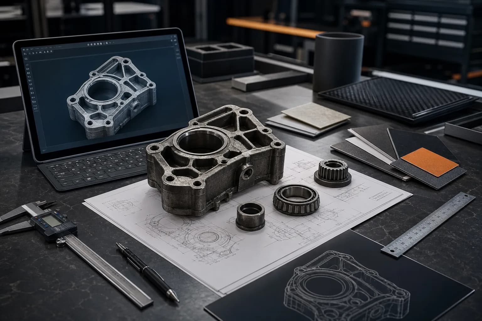 Part evaluation workbench with CAD model, drawings, calipers, and material samples